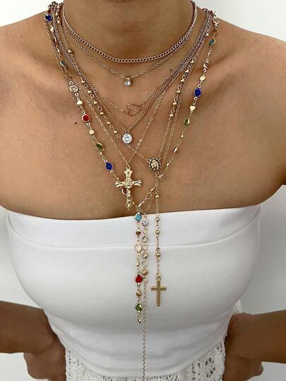 4/2 pezzi Set di collane multistrato a forma di Y, pendente elegante vintage con croce, cristalli colorati e strass luccicanti, collana minimalista con catena in metallo e perline rotonde, collana lunga a forma di Y, design vintage alla moda e grazioso, adatto per vacanze, feste, appuntamenti, regali, uso quotidiano