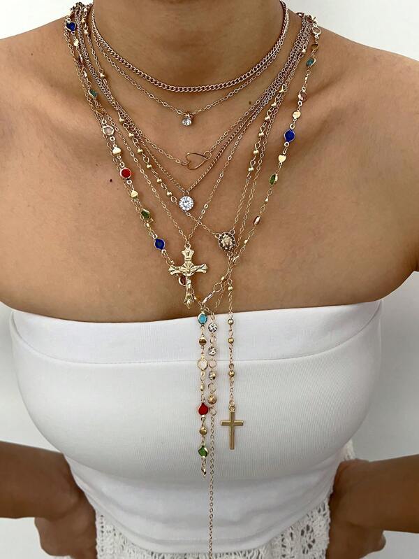 4/2 buc colier în formă de Y stratificat, cu mai multe piese, pandantiv vintage elegant cu cruce, cristal colorat, strasuri strălucitoare, set de colier minimalist cu mărgele rotunde, colier lung în formă de Y, design retro elegant și elegant, potrivit pentru sărbători, petreceri, întâlniri, cadouri, purtare zilnică