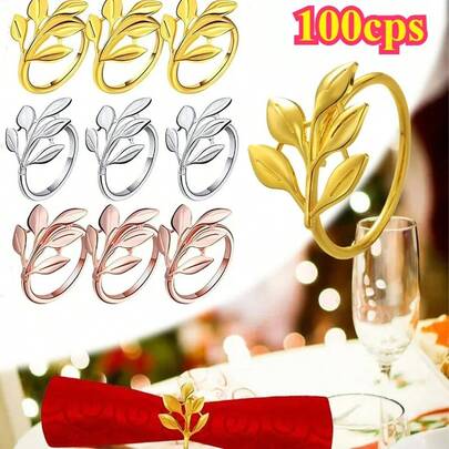 2-100pcs Gold Christmas Tree Leaf Napkin Rings, Christmas Napkin Rings, Willow Leaf Napkin Rings, Vintage Style Napkin Rings, Elegant Tri-Color Napkin Rings, Suitable For Birthday, Wedding, Party, Banquet Table Decor, Hotel Tabletop Decor, Metal Napkin Rings, Creative Leaf-Shaped Rings, Elegant Rings, Suitable For Holidays, Graduation Parties, Weddings, Parties, Daily Use (Gold, Silver, Rose Gold), Perfect For Buffet Table Decor