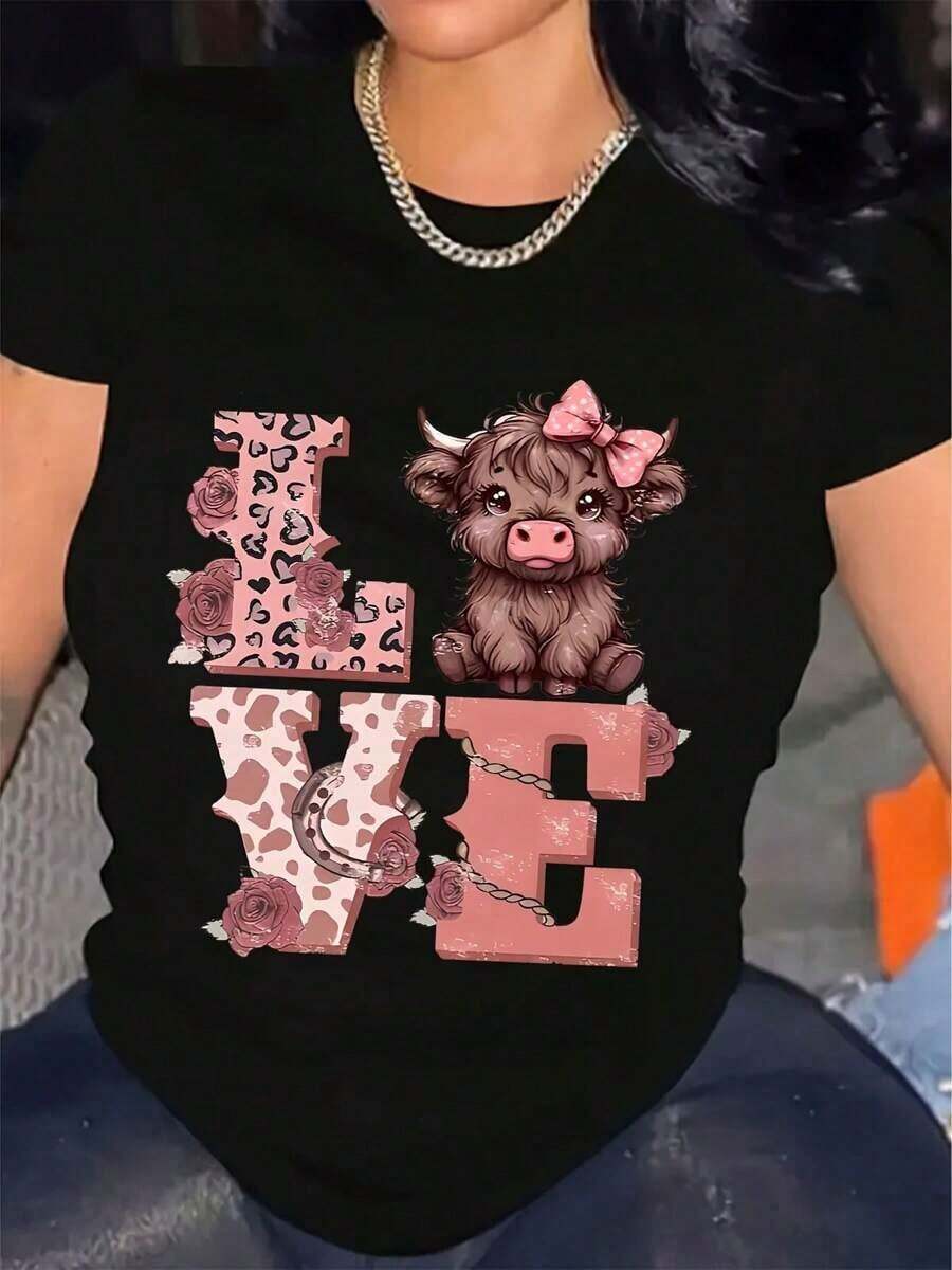 Plus Size Highland Cow Women's Shirt, Casual Chic - Casual Crew Neck Short Sleeve For Daily Wear, Casual Wear, Seasonal Fashion, Comfortable Material, Party Apparel |   Fun Graphic Shirt |   Comfortable Fit - Black - View 1
