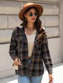 Áo khoác nhẹ có mũ kẻ caro dành cho nữ, Xuân/Thu - màu đen - Xem 2