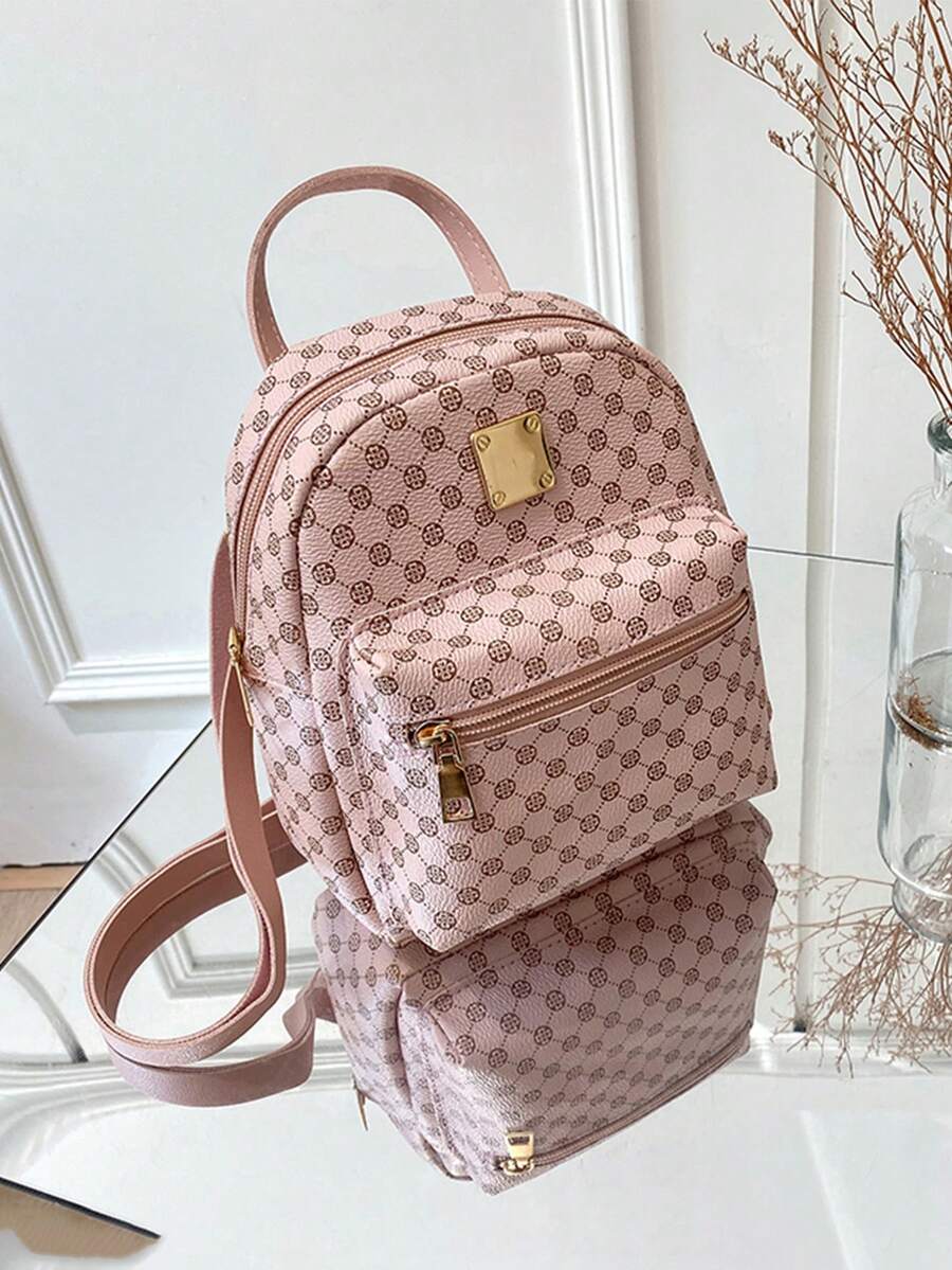 Women's Mini Printed Backpack, Faux Leather Material, Adjustable Shoulder Strap, Casual Zipper Shoulder Bag, Portable And Lightweight, Suitable For Teenagers, Women, College Students, For Outdoor, Travel, Hiking, Back To School, Work, Business, Commuting, Pink - Pink - View 1