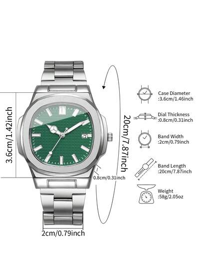 1pc Minimalist Square Dial Calendar Stainless Steel Strap Quartz Wrist Watch, Business (Watch Box Not Included) view 5