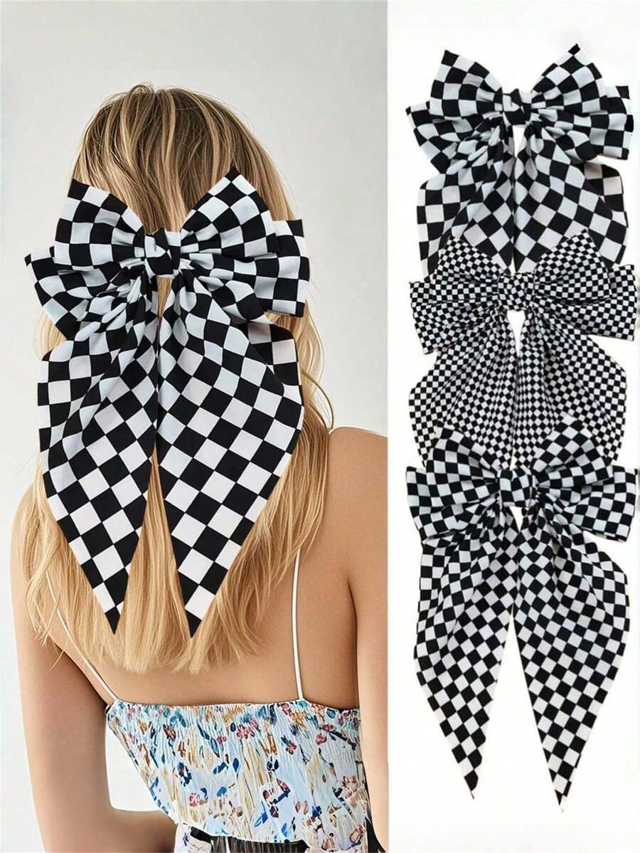 Bộ 3 chiếc/1 chiếc Dây buộc tóc nơ kẻ caro đen trắng thanh lịch dành cho nữ, kẹp tóc nơ buộc nửa đầu, thích hợp cho bãi biển, đi chơi hàng ngày, phụ kiện tóc phong cách Bohemian thanh lịch, kẹp càng cua, kẹp tóc, kẹp cài tóc, kẹp tóc, thời trang mùa thu, kẹp kiểu Pháp, nơ, dễ thương, phụ kiện đội đầu, ghim cài tóc - Nhiều màu - Xem 1