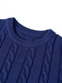 Men's Casual Solid Color Twist Flower Crew Neck Sweater, Versatile For Autumn/Winter - Royal Blue - View 5