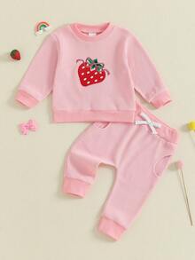 Baby Girl Waffle 2 Piece Outfits Strawberry Embroidery Long Sleeve Crew Neck Tops And Elastic Waist Pants Set - Hồng - Xem 6