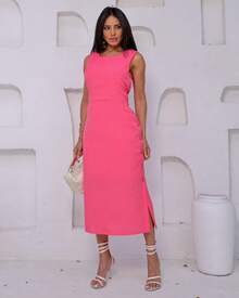 Women's Midi Dress Elegant Casual Buttons Front Simple Button - Pink - View 1