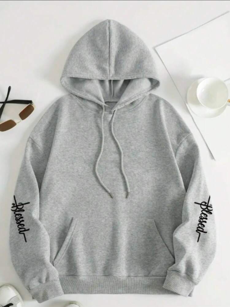 Sudadera con capucha para mujeres con estampado "BENDICIDA" - Pulóver casual de manga larga con bolsillo, tejido de poliéster 100%, ligeramente elástico, sudadera con capucha para otoño/invierno, diseño de patrón de fe. - Gris - Añade 2