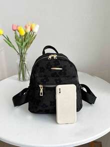 Mochila mini con estampado floral de graffiti, adecuada para mujeres para viajes, calle, compras, minimalista y versátil - Negro - Ver 3