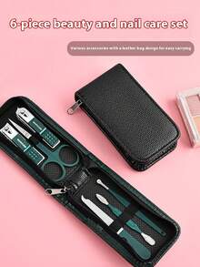 六合一专业美甲美足套装，男女通用，高品质不锈钢材质，带收纳盒，便携式指甲钳，适合居家旅行，包含绿色指甲锉、镊子和指甲钳，轻巧美容工具套装，也适用于面部护理 - 墨綠色 - 查看 5