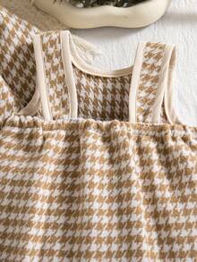 秋冬女宝宝优雅荷叶边卡其色千鸟格复古夹克和卡其色褶皱围裙法式连衣裙