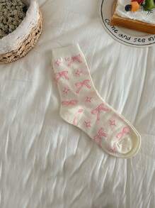 زوج/3 أزواج من جوارب قصيرة كيوت وردية مطبوعة بفيونكة، جوارب كاجوال، جوارب يومية جميلة، جوارب موضة يومية، مناسبة للارتداء اليومي، مناسبة لجميع الفصول