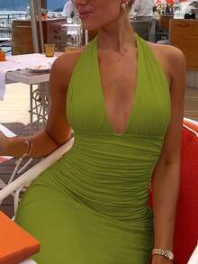 女士纯色系带露背吊带修身褶皱长裙，性感优雅派对晚礼服，适合舞会、情人节、婚礼等场合，春季穿着。 - 淺綠色 - 查看 4