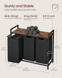 VASAGLE Laundry Hamper, Laundry Basket, Laundry Sorter With 3 Pull-Out And Removable Bags, Shelf, Metal Frame, 3 X 10.6 Gallons (40 L), 36.4 X 13 X 28.4 Inches - 黑色+鄉村棕 - 查看 2