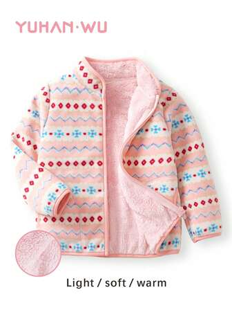 YUHANWOO Girls' Thermal Lined Jacket, New Arrival, Pink Fair Isle Striped & Sweet Print Pattern, Stand Collar, Autumn/Winter Thick Warm Thermal Windproof Outdoor Casual Zip-Up Coat