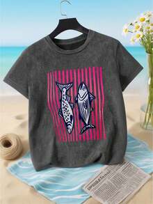 Summer New Style Summer Tops For Women, Plus Size, Stir-Fried Snowflake Cotton, Round Neck, Short-Sleeved T-Shirt, Fish Stripe Pattern Print, Sweet And Gentle Temperament, Slim-Fitting Plus Size Summer Top, Graphic Tees For Women, Women's Summer Outfits