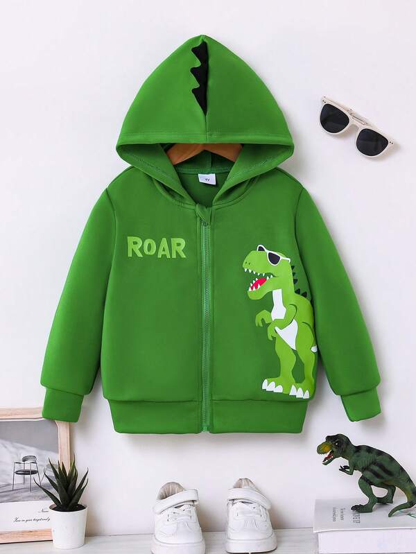 Young Boy Dinosaur Print Hooded Zip-Up Jacket