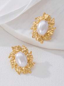 1 对时尚复古金金属叶仿珍珠耳钉，适合日常、宴会和派对佩戴 - 金黃色 - 查看 6