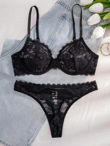 1 Set Women's Solid Color Lace Ruffled Rim Underwire Comfortable Bra Set - Black - View 5