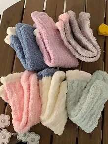 10双/6双女过膝袜珊瑚绒加厚冬季保暖毛绒袜自发热女连裤袜适合日常穿着运动居家休闲14双/8双/2双 - 彩色 - 查看 8