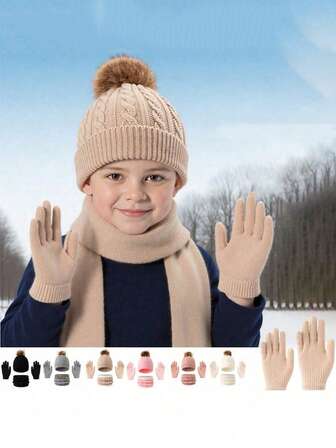 3 件套儿童帽子，冬季保暖加厚护耳帽 - 婴儿手套围巾帽，三件套帽子套装 - 男女童套头帽 - 适合日常佩戴和户外活动，适合 3-8 岁儿童