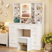 Tocador con espejo LED inteligente, 7 cajones, tocador, maquillaje y taburete - Perfect For Organizing Makeup, Skincare, Elegant Vanity|Decorative Vanity, Vanity Furniture, Compact For Small Space, Bedroom Decor Gift, Perfect Gift For Women Girls , Ideal para regalos de Navidad y Halloween. - Blanco - Ver 4