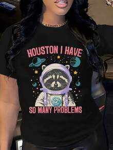 Houston I Have So Many Problems Raccoon Astronaut Graphic T-Shirt For Women - màu đen - Xem 1