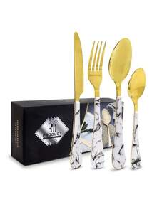 ANDROMEDA INC Juego de Cubierto Acabado Tipo Marmol Acero Inoxidable 16 Piezas - Dorado - Ver 3