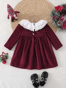 BOARNSEORL Baby Girls Velvet Dress With Contrast Color Ruffle Collar, Long Sleeve Dress, Fashionable & Elegant, Suitable For Autumn/Winter Everyday, Outing, Party, Birthday, Christmas - Burgundy - View 3