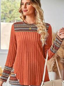 Blusa de manga larga para mujer con estampado elegante de rayas geométricas y cuello redondo - Naranja - Ver 1