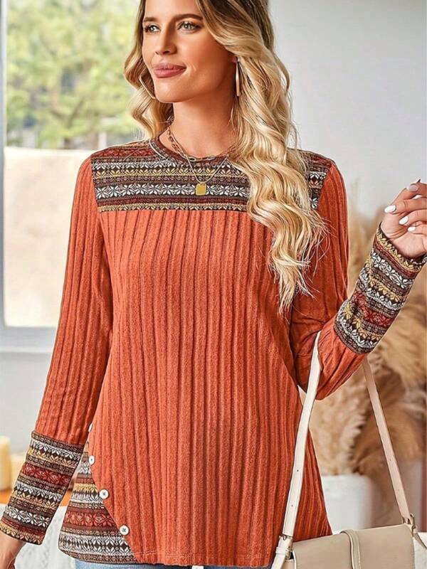 Blusa de manga larga para mujer con estampado elegante de rayas geométricas y cuello redondo