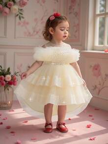 Baby Girls Sequin Tulle Cute Flower Girl Wedding Train Dress, Suitable For Party, Birthday, Outing, Does Not Include Headband