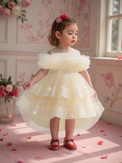 Baby Girls Sequin Tulle Cute Flower Girl Wedding Trailing Dress, Suitable For Party, Birthday, Outing, Excluding Hair Accessories