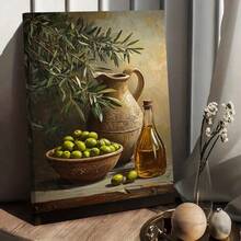 1pc, Rustic Still Life Canvas Wall Art Featuring Fresh Green Olives, Olive Tree Branches, A Vintage Ceramic Pitcher, And Oil Bottle. Ideal Mediterranean Farmhouse Style Picture Print For Kitchen, Dining Room, Or Pantry Wall Decor. - 彩色 - 查看 2