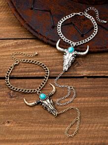 1 件复古西式椭圆形绿松石和牛头设计指环手链组合，时尚女士配饰适合日常佩戴、节日、礼物