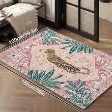 1pc Luxury Vintage Tiger & Floral Striped Totem Area Rug, Soft Faux Wool Wild Animal Farmhouse Style Washable Decorative Carpet For Living Room, Bedroom, Entryway, Bathroom, Hallway, Patio, Kitchen, Indoor Outdoor, All Season Large Mat - Light Pink - Home Decor - Multicolor - View 15
