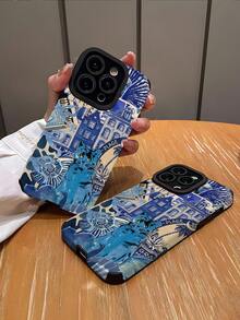 1 件独特多巴胺蓝色建筑蓝猫图案垂直仿皮防摔防指纹防震手机壳适用于苹果和型号 - 彩色 - 查看 2