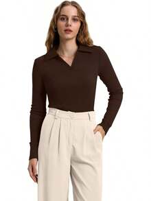 WIHOLL Womens Polo Shirts Long Sleeve Business Casual Tops Collared V Neck Ribbed Knit Sweater Slim Fit Blouses Halloween Christmas New Year - 杏色 - 查看 6