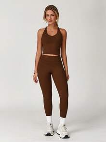 MASKERT "2-Piece Set"Women's Vest Yoga Tight Pants Set, High Stretch Running Sports Set, Comfortable And Skin Friendly - 巧克力棕 - 查看 5