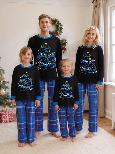 Christmas Family Pajamas Matching Set, Long Sleeve Letters Print T-Shirt With Plaid Pants Sleepwear Loungewear