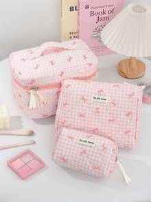 1Pc/Set Cute Pink Plaid & Bow Pattern Large Capacity Cosmetic Bag Multifunctional Travel Storage Bag, Portable Hand-Held Toiletry Bag With Zipper, Suitable For Home, Travel, Vacation And School Use, Travel Essentials, Cruise Essentials, Daily Commuting Essentials, Wedding Bridesmaid Gifts, Back To School Season Gifts And Holiday Gifts Autumn University Essentials Travel Bag For Women Makeup Bag Makeup Organizer