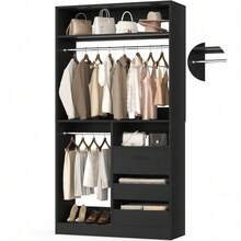 Freestanding Closet System With 2 Hanging Rods & 3 Open Drawers & 3 Shelves - 黑色 - 查看 5