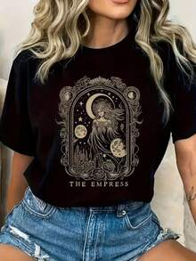 Women'S Vintage "The Empress" Tarot Card Print - Moon And Stars Celestial Design Tee,  Casual Crew Neck, Regular Length, All-Season Wear,Tarot Card Reading | Mystical Aesthetic