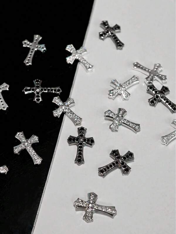 Four Dark Cyberpunk-Style Zirconia Cross Nail Art DIY Nail Decorations, Sparkling Religious Nail Gems, Nail Accessories That Make Nails More Exquisite, Specifically For Nail Salons Or To Decorate Your Nails At Home. Nail Supplies