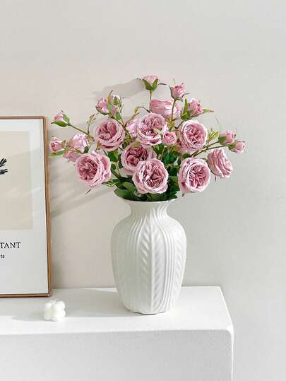 1PC Shatterproof Faux Ceramic Plastic Vase, Moderne Minimalist Home Wit Gestreepte Textured Cylindrical Elegante Multi Functional ative Flower Vase Wedding, Office, Seasonal Displays, Year Round Indoor/Outdoor Room Glass view 8