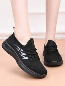 Women's Breathable Casual Shoes, Non-Slip Soft Bottom Comfortable Black Work Shoes, Flat Fabric Solid Color Round Toe Sneakers, Suitable For All Seasons - Black - View 5