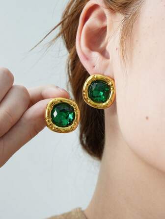 Frminee 1 Pair Vintage 18K Gold Plated Stainless Steel Zirconia Stud Earrings, Women's Jewelry Accessories Gemstone, Western Jewelry, Cubic Zirconia Decorative Stud Earrings, Perfect For Women To Wear As An Everyday Accessory Or Wedding Gift