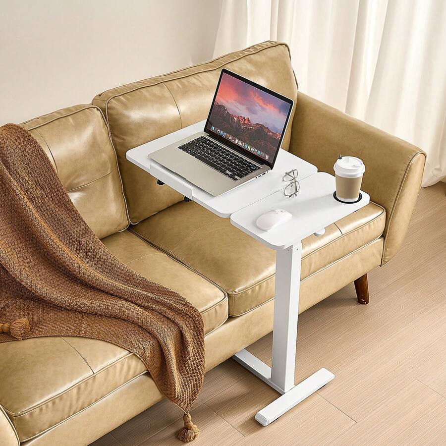 Mesa de cama, mesa auxiliar móvil con escritorio abatible y 4 ruedas ocultas, escritorio para portátil con ruedas y altura y ángulo ajustables con portavasos, escritorio portátil para cama, hogar, oficina y estudio, color blanco - Blanco - Ver 1