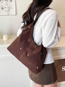 新款时尚手提包，性感铆钉托特包，女士通勤个性化丝绒斜挎包 - 咖啡棕 - 查看 8
