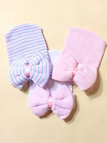 Set de 3 gorros de bebé recién nacido con lazo tejido, adecuado para otoño/invierno